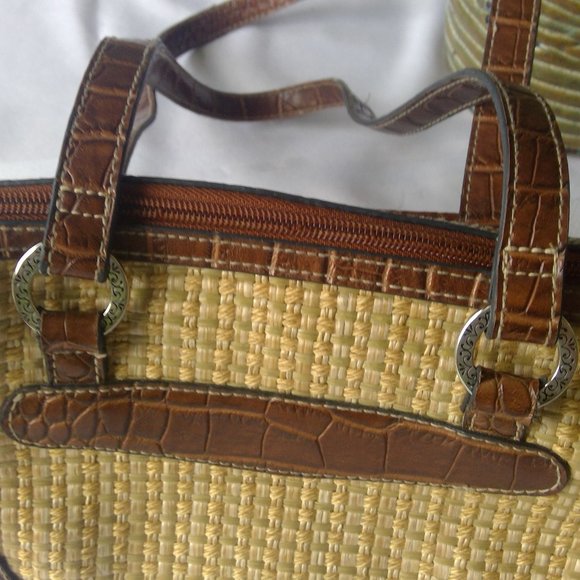 Satchel Purse, Brown Croc Leather & Raffia - Picture 4 of 5